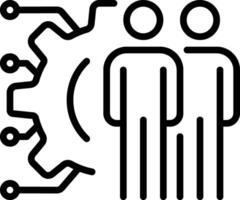 A black and white icon of two people standing next to a computer vector