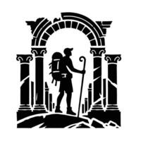 A man with a backpack and a stick is standing in front of an arch vector