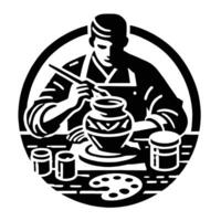 A man is making a pottery pot in a black and white image vector