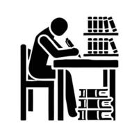 A black and white image of a person sitting at a desk with books vector