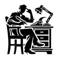 A silhouette of a man sitting at a desk with a lamp vector