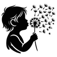 Silhouette of a child blowing dandelion vector