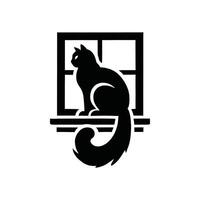 Cat sitting on window sill silhouette vector