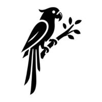A black and white illustration of a parrot sitting on a branch vector