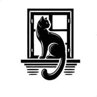 A black and white cat sitting on a window sill vector