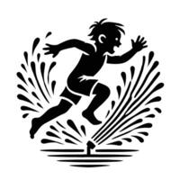 A black and white silhouette of a boy running through water vector