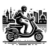A man riding a moped in front of a cityscape vector