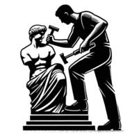 A man is working on a statue in black and white vector