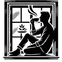 Man sitting on the window sill drinking coffee vector