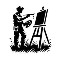 An artist is painting on an easel in the grass vector