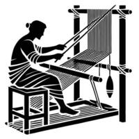 A woman is weaving on a loom vector