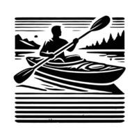 A black and white image of a man in a kayak vector