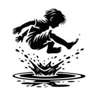 A black and white silhouette of a boy jumping into a puddle vector