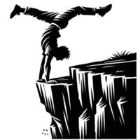 A man is doing a handstand on the edge of a cliff vector