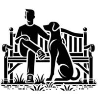 A black and white illustration of a man sitting on a bench with a dog vector