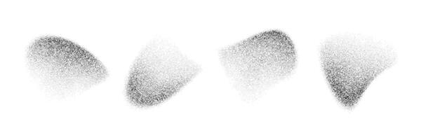Abstract fading dotted gradient shapes. Black liquid stippled object set. Grainy spray spots and stains. Noise splashes and splatters forms. Dissolve sand dust texture. Halftone fluid elements vector