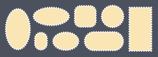 Beige postage stamps set. Post stamp frames and borders. Ellipse and rectangle template for mail, postcard, letter, note. Jagged wavy edge forms. Zig zag objects for badge, sticker, photo vector