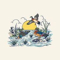 t-shirt design illustration of American wood ducks gathering in the afternoon, retro vintage style vector