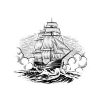 sketch illustration of an ancient ship using engraving techniques vector