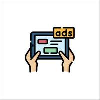 Hands holding a tablet with an ad on it vector