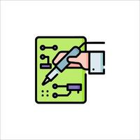 A hand holding a pen and pointing to a computer vector