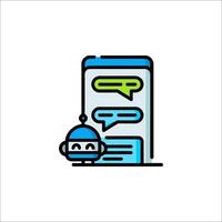 A robot is sitting next to a phone with a chat bubble vector