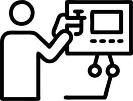 Workers operating CNC machines via touchscreen interfaces with copy space vector