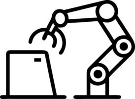 Worker inspecting robotic arm for maintenance with AI tablet vector