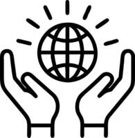 Soft abstract image of hands holding a glowing globe with bokeh lights and ample copy space above vector