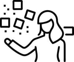 Soft abstract illustration of a businesswoman interacting with floating data panels with bokeh digital art elements and copy space vector