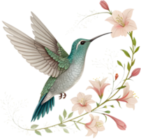 Beautiful Tropical Hummingbird With Blooming Flower And Serene Leaves. . png