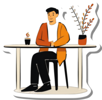 Man Sitting at Table Enjoying Coffee and Plant png