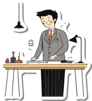 Man in Suit Working at a Desk with Tools png