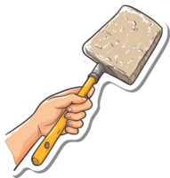 A hand holds a cleaning sponge on a yellow handle png