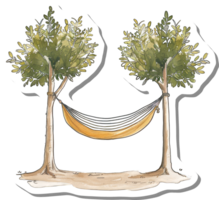 Hammock strung between two leafy trees resting png