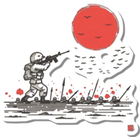 Lone Soldier Facing Setting Sun and Enemy Forces png