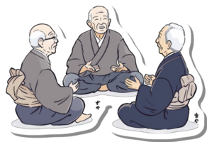 Three Elderly Men in Kimonos Engage in Conversation png