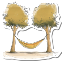 Hammock strung between two leafy trees in a peaceful scene png