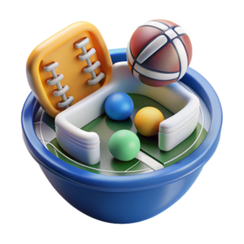 3d ilustração do esporte equipamento dentro uma tigela basquetebol, futebol, e colorida bolas png