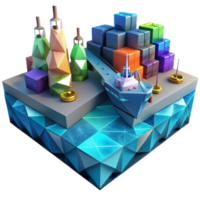 Low Poly 3D Render of Cargo Ship at Dock, Abstract Background Image png