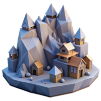 Low Poly Mountain Village 3D Render Illustration png
