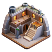 Isometric 3D Render of a Cozy Stone Building with Illuminated Windows and a Staircase png