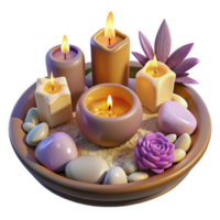 Serene Spa Candles 3D Illustration Tranquil Relaxation Scene with Lit Candles, Stones, and Flowers png