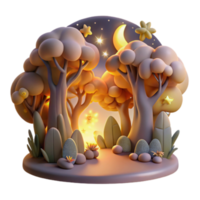 Enchanted 3D Night Forest Illustration, Magical Trees, Stars, Moon, Glowing Lights png