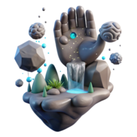 3D Render of a Surreal Island Landscape Featuring a Giant Hand, Waterfall, and Floating Rocks png