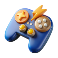 3D Render of a Blue Game Controller with Yellow and Orange Buttons, Power Lightning Bolt Icon - Gaming Joystick Illustration png