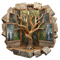 Surreal 3D Tree of Life Illustration with Shattered Frames and Figures png