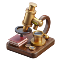 3D Render Golden Microscope on Wooden Base with Books and Coins Illustration png