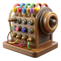 Whimsical Wooden 3D Render of a Retro Control Panel with Colorful Wires and Buttons png