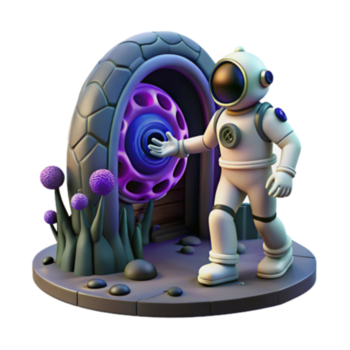 astronauta 3d render explorando brilhando portal ilustração png